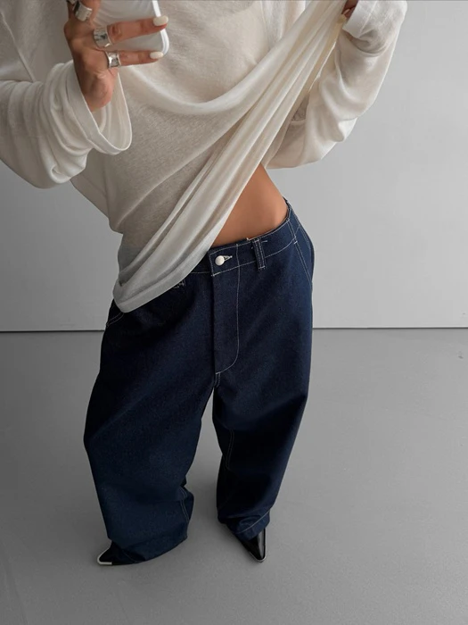 Stitched Detail Wide Baggy Denim Pants Stitched Detail Wide Baggy Denim Pants by Paper Moon for Women - catalog view