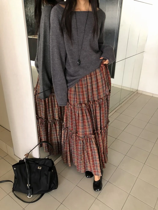 Check Shirring Maxi Skirt Check Shirring Maxi Skirt by Baguette for Women - catalog view