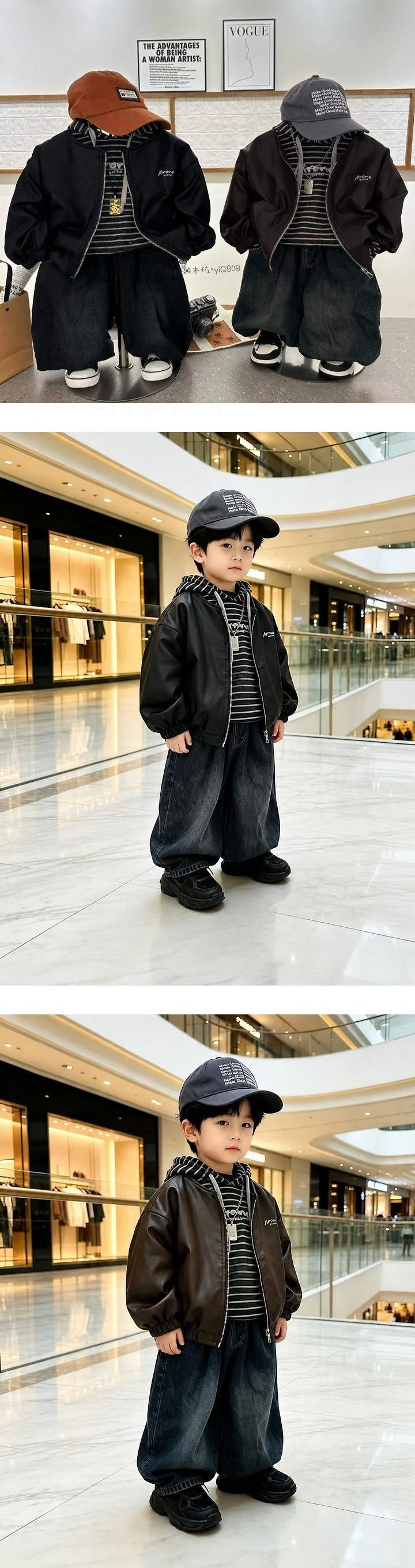 Air On Leather Jacket, Hooded Denim Pants 3-Piece Top & Bottom Set by Ante J for Child - view 1