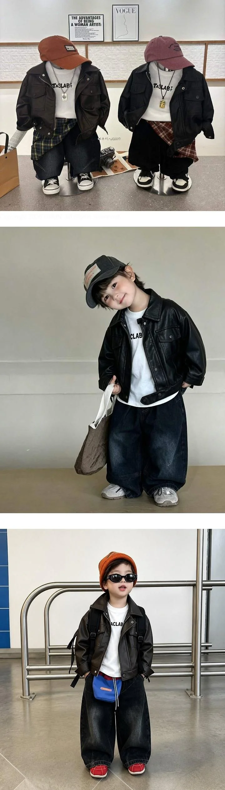 Two Pocket Leather Jacket, Tee & Denim Pants 3-Piece Top & Bottom Set by Ante J for Child - view 1