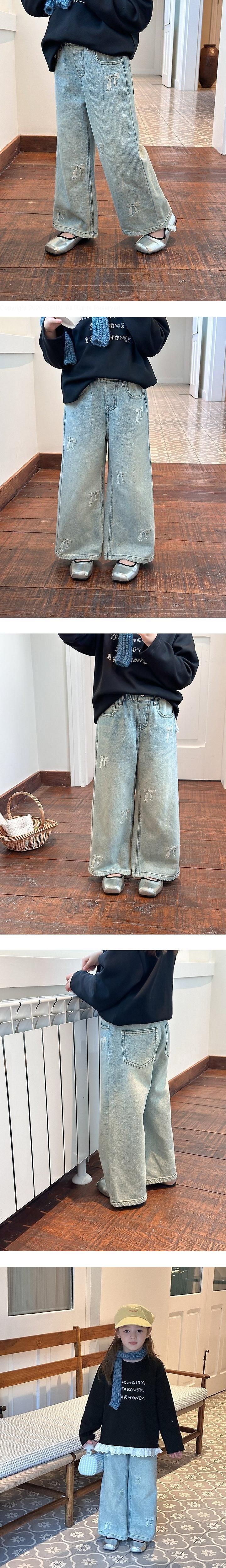 Silver Ribbon Embroidery Denim Pants by Ante J for Child - view 1