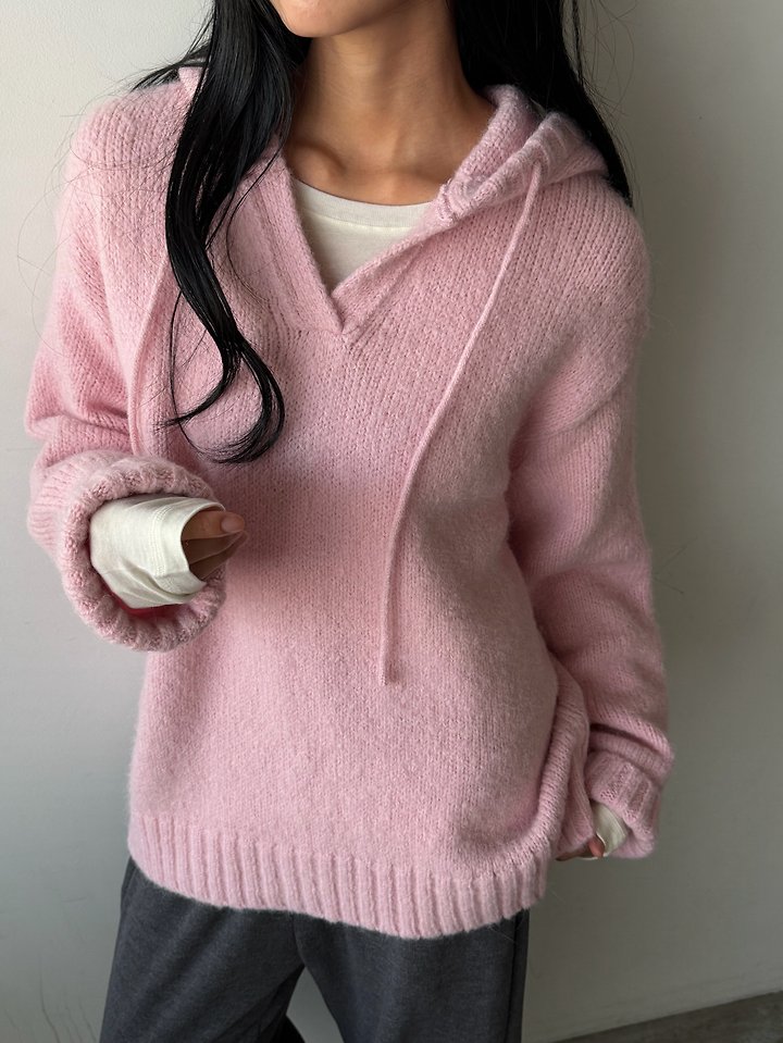 Hooded Wool V-Neck Knit by Foset for Women - view 10