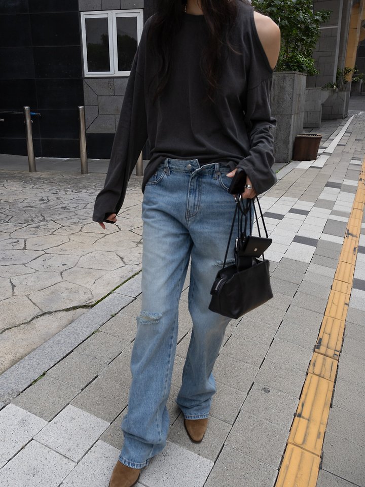Edge Back Damage Straight Denim Pants by Inssense for Women - view 1