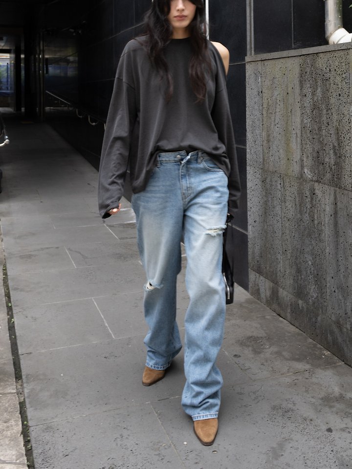Edge Back Damage Straight Denim Pants by Inssense for Women - view 3