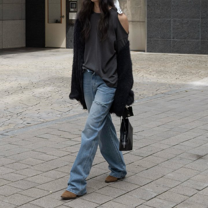 Edge Back Damage Straight Denim Pants by Inssense for Women - view 4