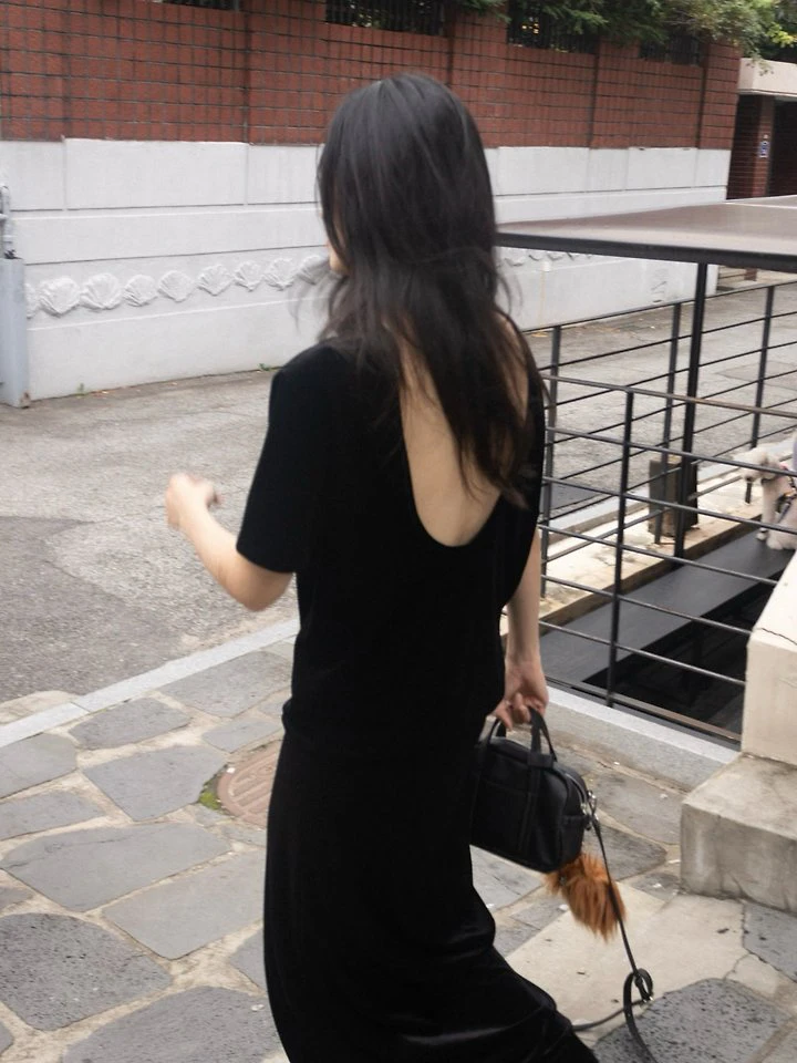 Velvet Loose Fit Backless Short Sleeve T-Shirt by Inssense for Women - view 2
