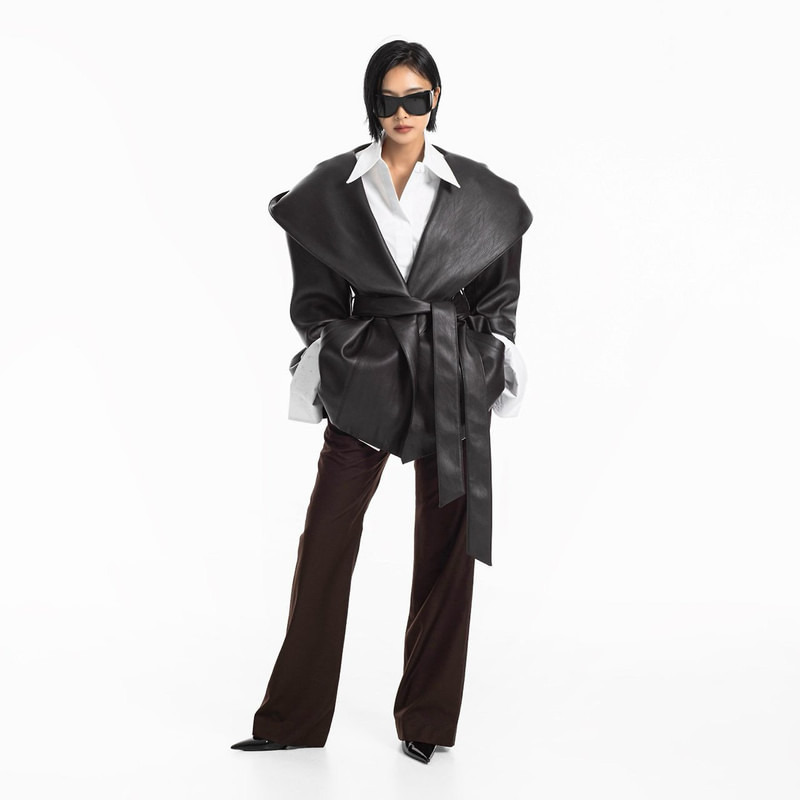 Oversized Belted Hooded Leather Half Coat by Paper Moon for Women - view 1