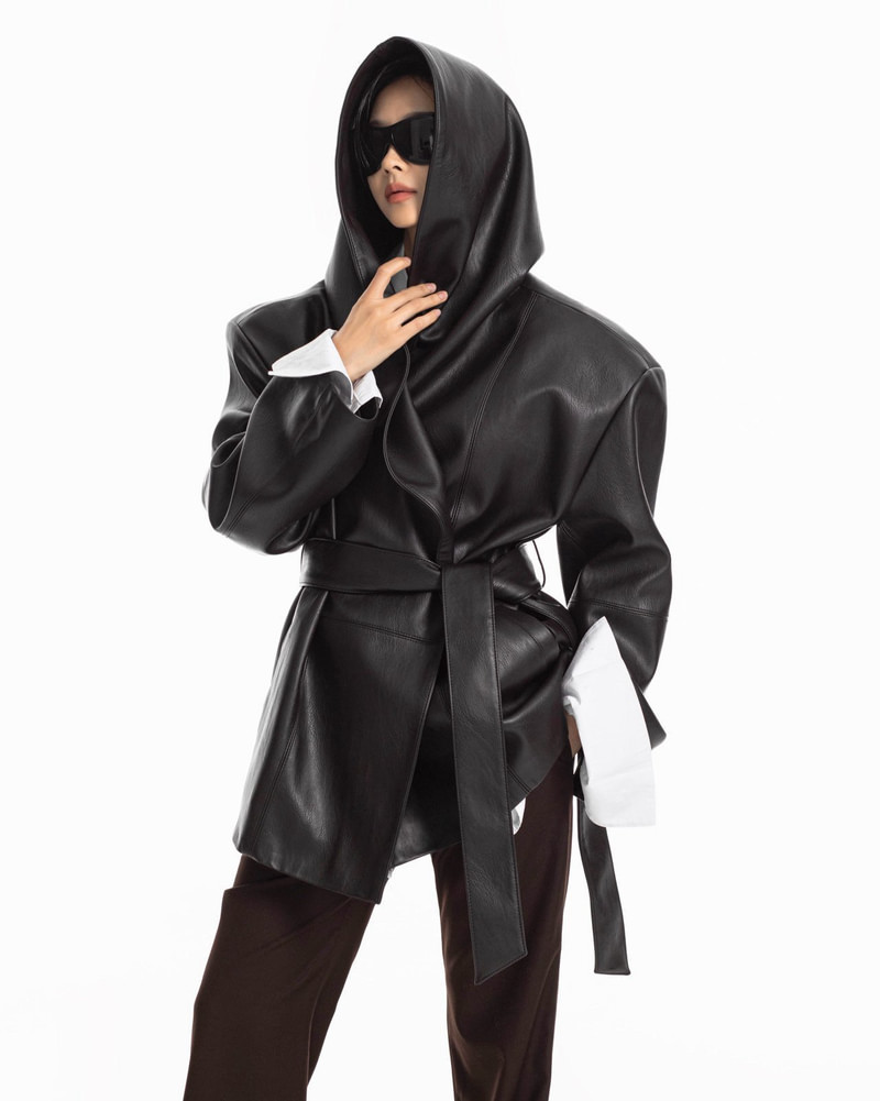 Oversized Belted Hooded Leather Half Coat by Paper Moon for Women - view 3