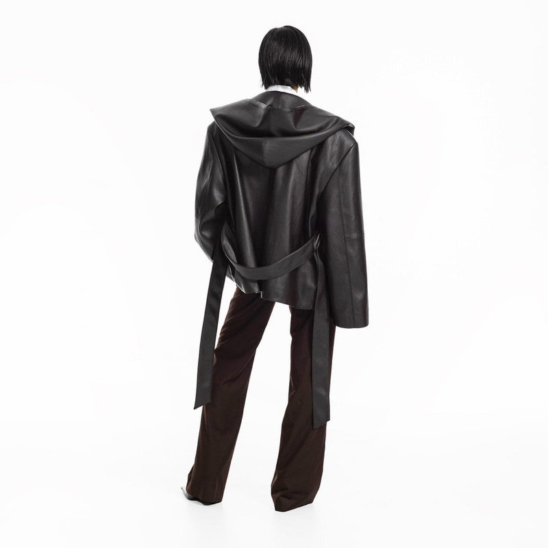 Oversized Belted Hooded Leather Half Coat by Paper Moon for Women - view 5