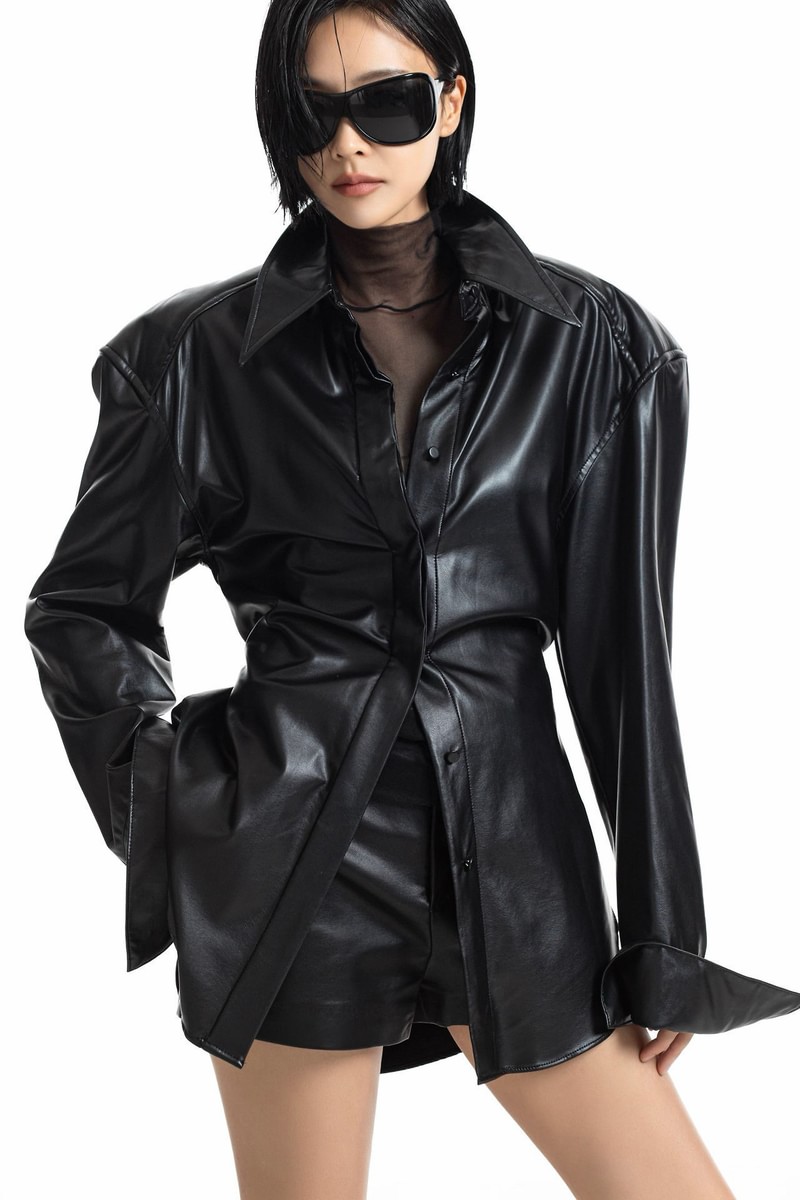 Vegan Leather Padded Shoulder Button Down Shirt by Paper Moon for Women - view 4