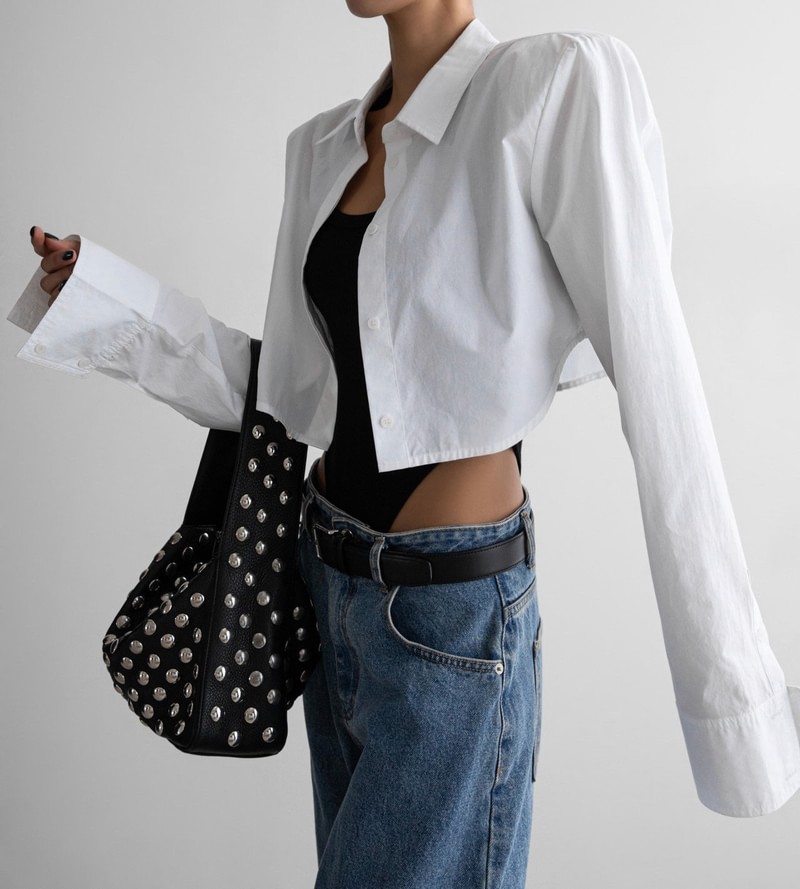 Classic Shoulder Padded Crop Button Down Shirt by Paper Moon for Women - view 2