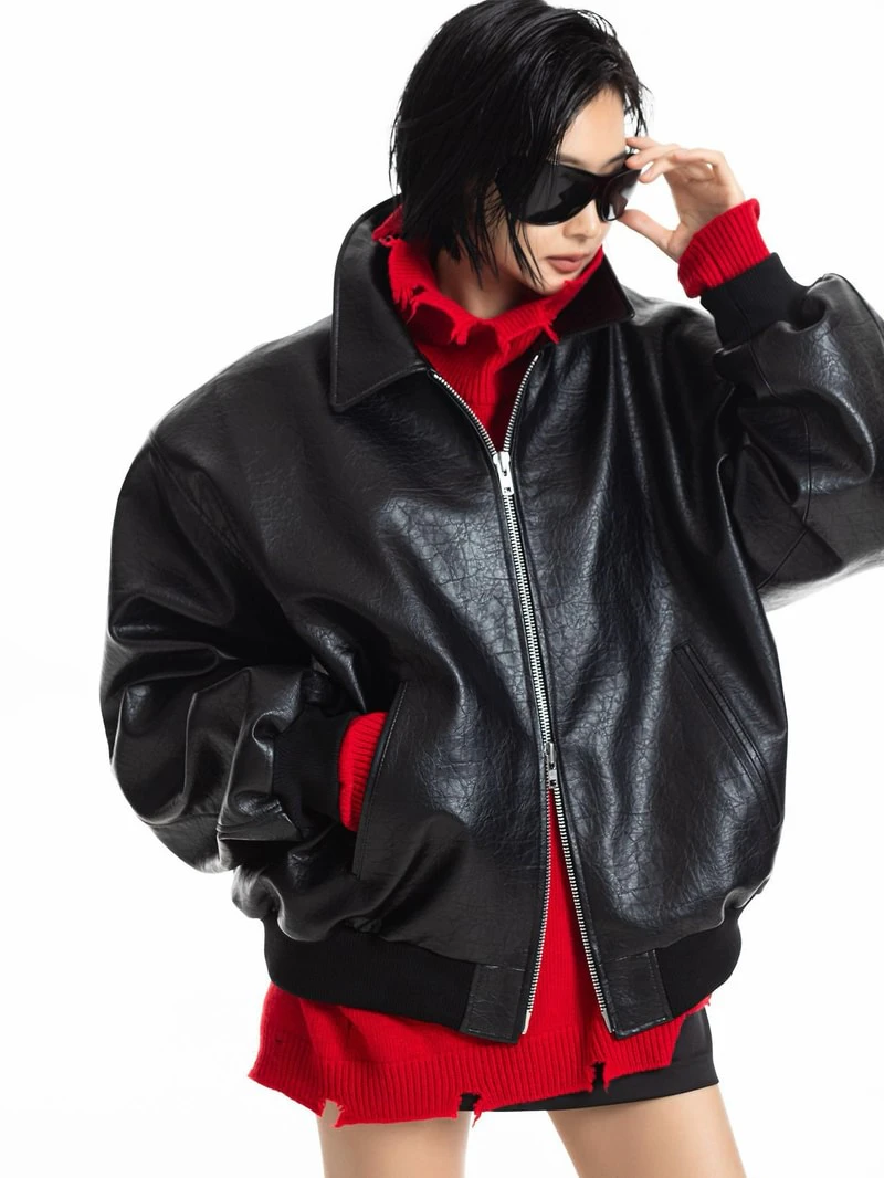 Classic Oversized Leather Bomber Jacket by Paper Moon for Women - view 1