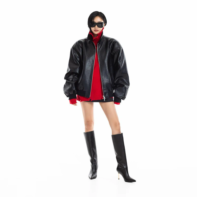 Classic Oversized Leather Bomber Jacket by Paper Moon for Women - view 3