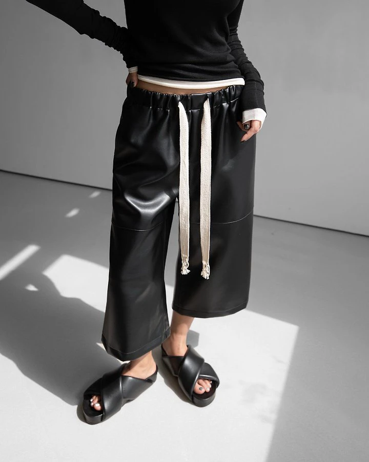 Drawstring Leather Wide Culottes Trousers by Paper Moon for Women - view 3