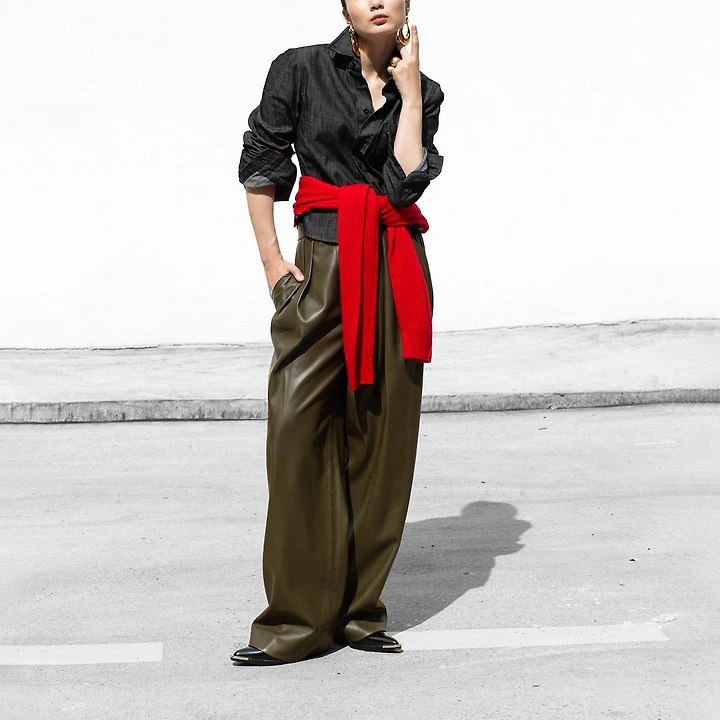 Leather Low Waisted Double Pleats Wide Trousers by Paper Moon for Women - view 1