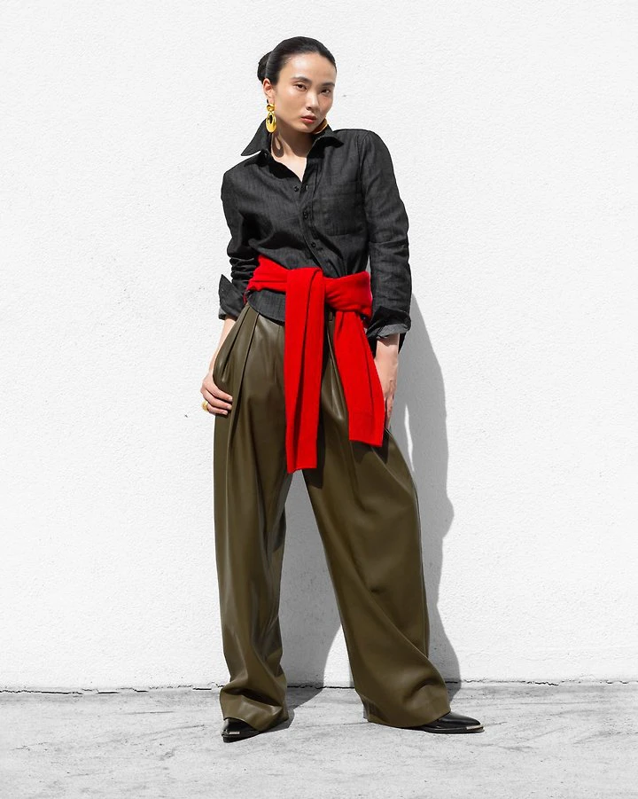 Leather Low Waisted Double Pleats Wide Trousers by Paper Moon for Women - view 2