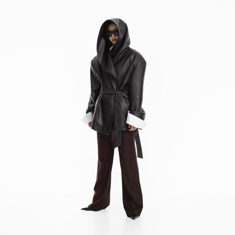 Oversized Belted Hooded Leather Half Coat by Paper Moon for Women - view 2