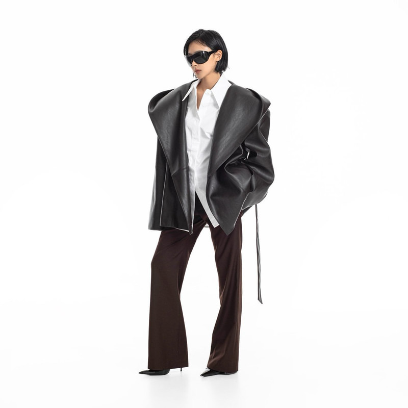 Oversized Belted Hooded Leather Half Coat by Paper Moon for Women - view 4