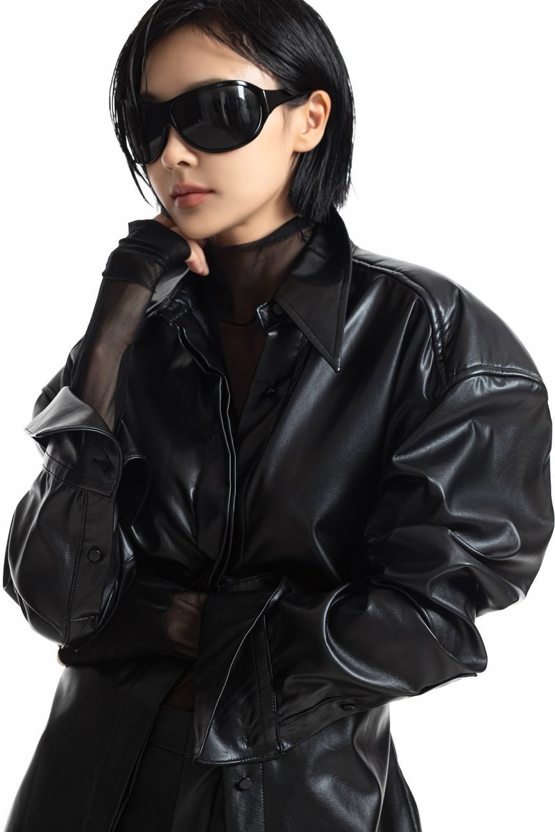 Vegan Leather Padded Shoulder Button Down Shirt by Paper Moon for Women - view 5