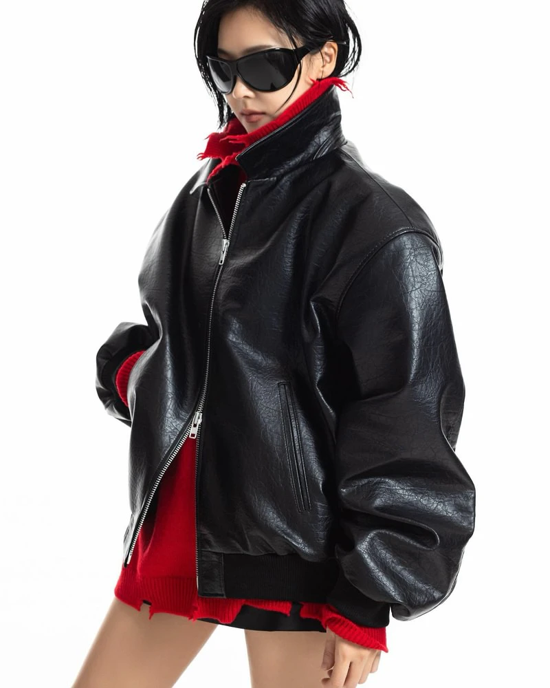 Classic Oversized Leather Bomber Jacket by Paper Moon for Women - view 4
