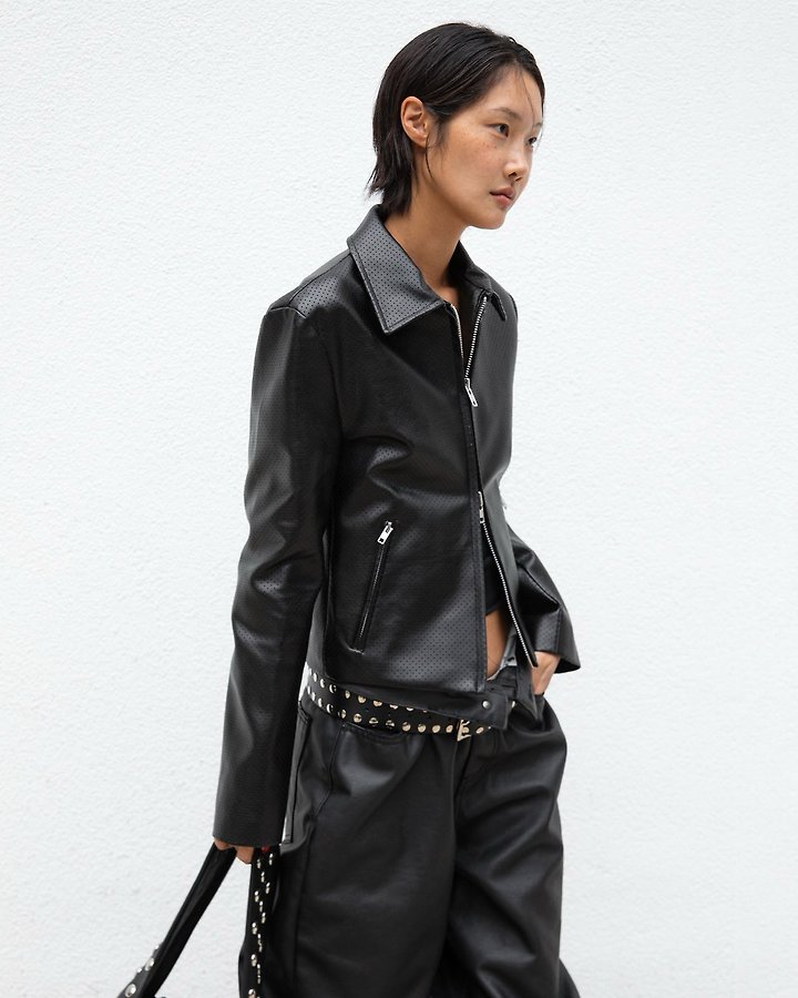 Classic Slim-Fit Perforated Leather Jacket by Paper Moon for Women - view 1