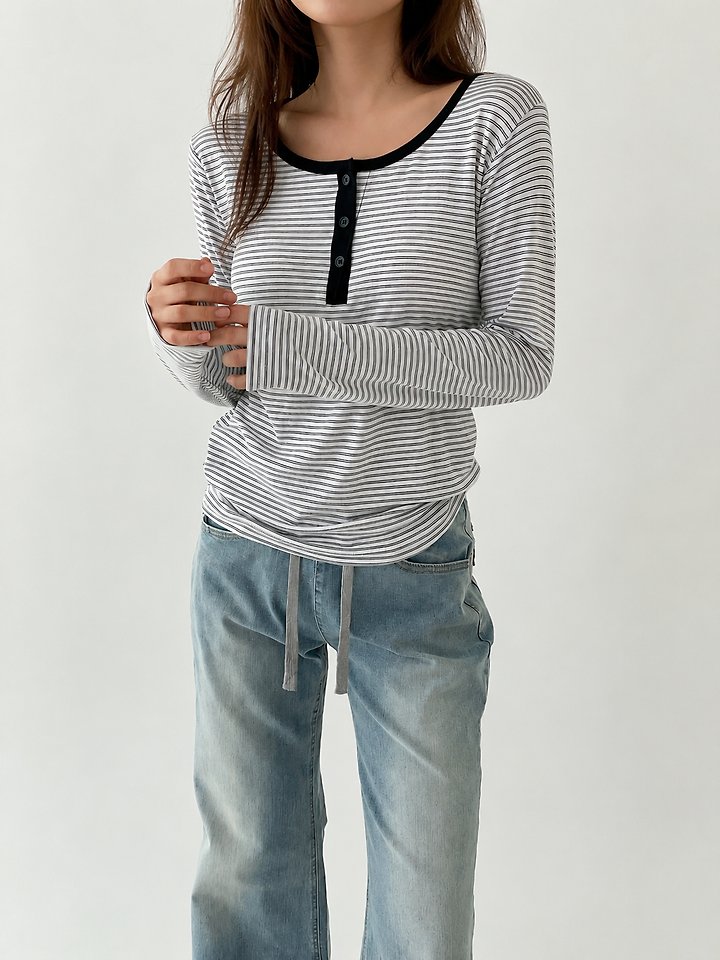 Malti Button Stripe Tee by Queensmade for Women - view 3