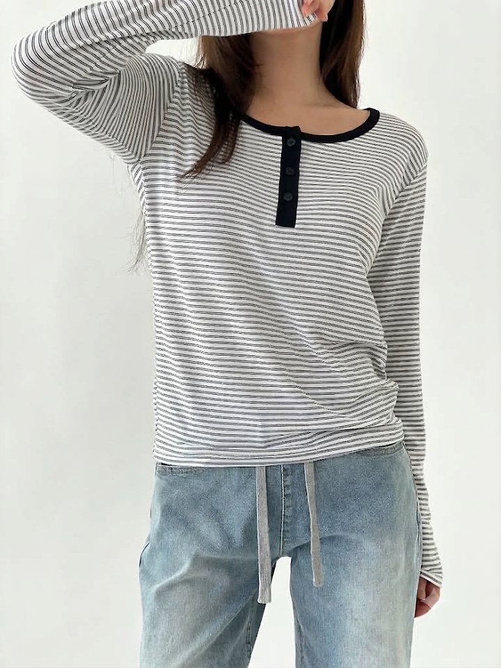Malti Button Stripe Tee by Queensmade for Women - view 4