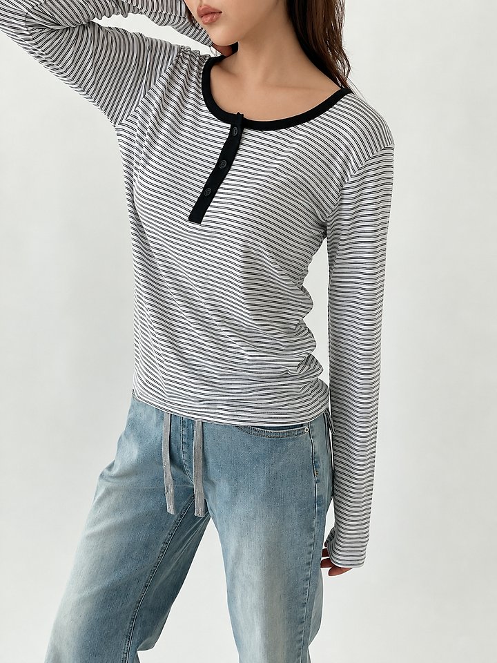 Malti Button Stripe Tee by Queensmade for Women - view 7