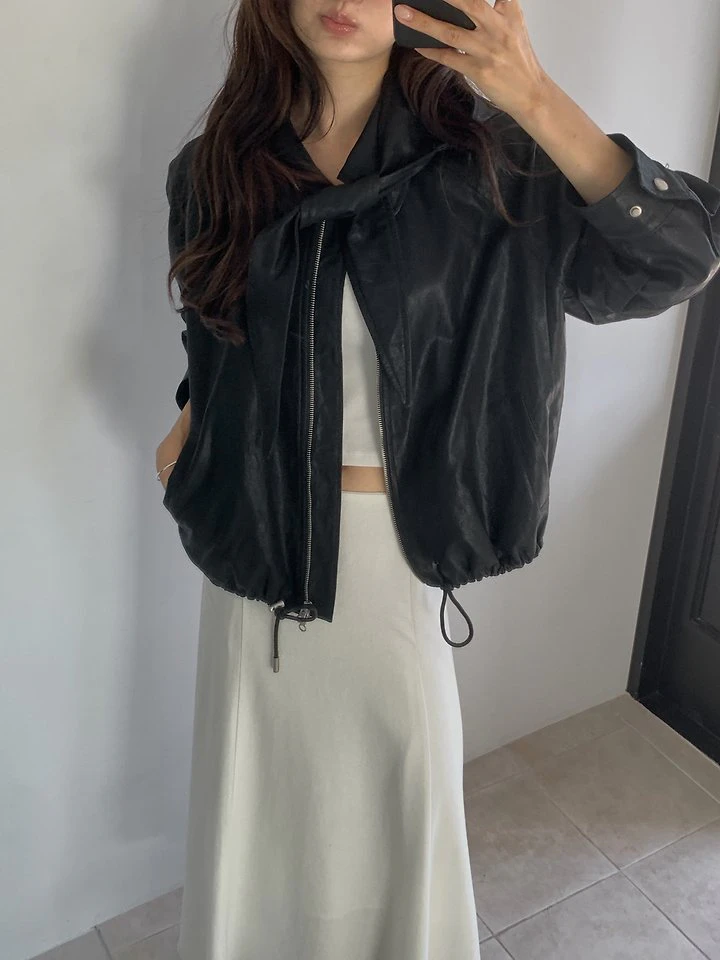 Cape Hooded Leather Blouson by Dress Room for Women - view 11