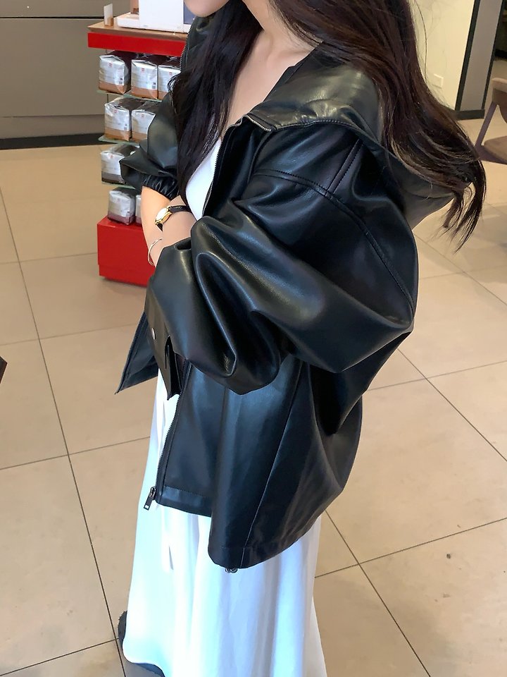 Leather Hooded Jacket by Dress Room for Women - view 1