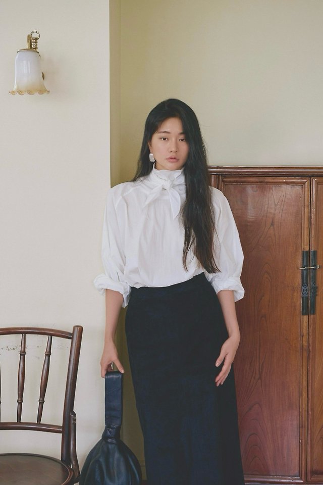 Autumn High-Neck Tie Cotton Blouse by Lenoii for Women - view 1