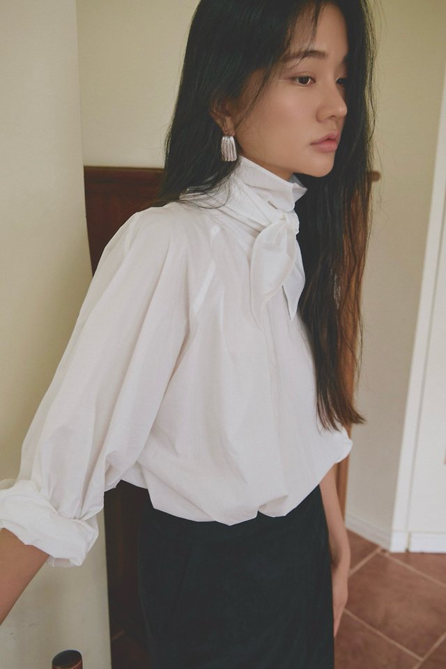 Autumn High-Neck Tie Cotton Blouse by Lenoii for Women - view 3