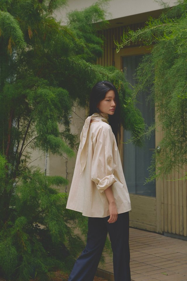 Autumn High-Neck Tie Cotton Blouse by Lenoii for Women - view 4