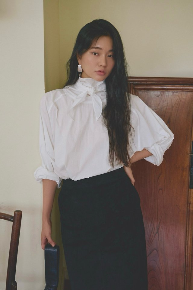 Autumn High-Neck Tie Cotton Blouse by Lenoii for Women - view 2