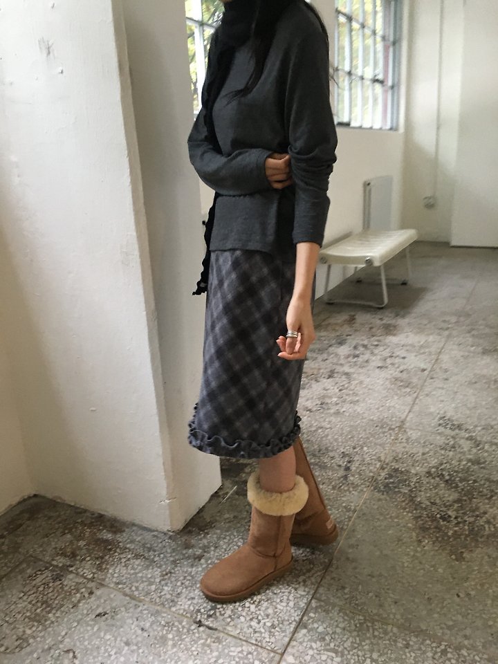 Wool Check Frill Skirt by Ore for Women - view 6